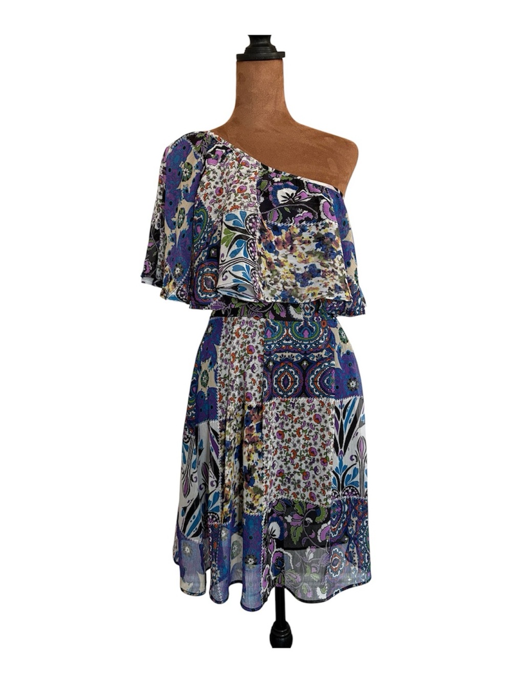 bebe Patch Esprit One Shoulder Paisley Patchwork Flowy Mini Dress XS Made France
